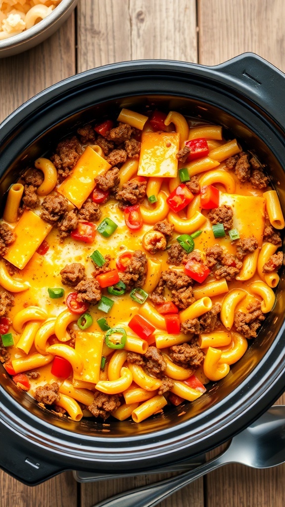 A hearty crockpot casserole with pasta, ground beef, cheese, and vegetables, served on a wooden table.